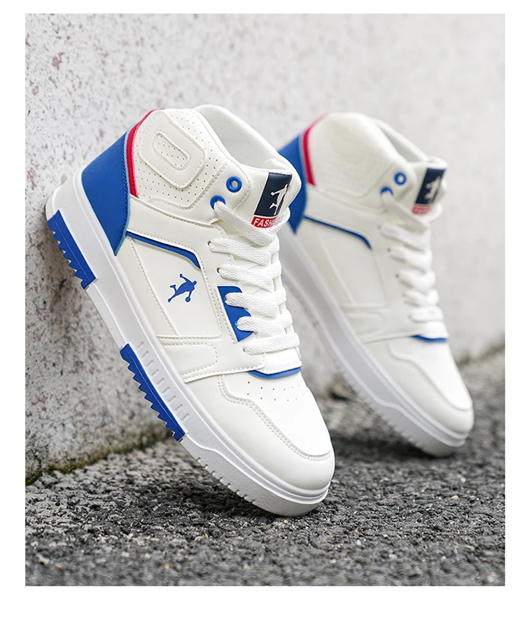 Klassische weiße High-Top-Sneaker für Herren, atmungsaktive Streetwear-Schuhe mit blauen und roten Akzenten – Detail 12