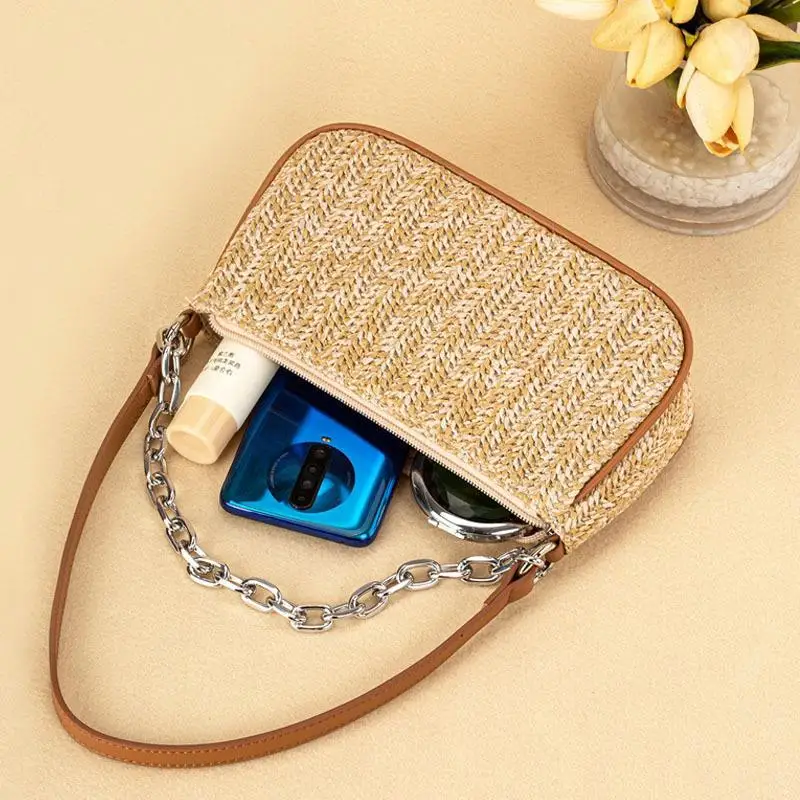Summer 2024 New Trendy Chain Shoulder Bags Straw Weaving Bag for Women Fashion Handbags Female Vacation Beach Underarm Bags