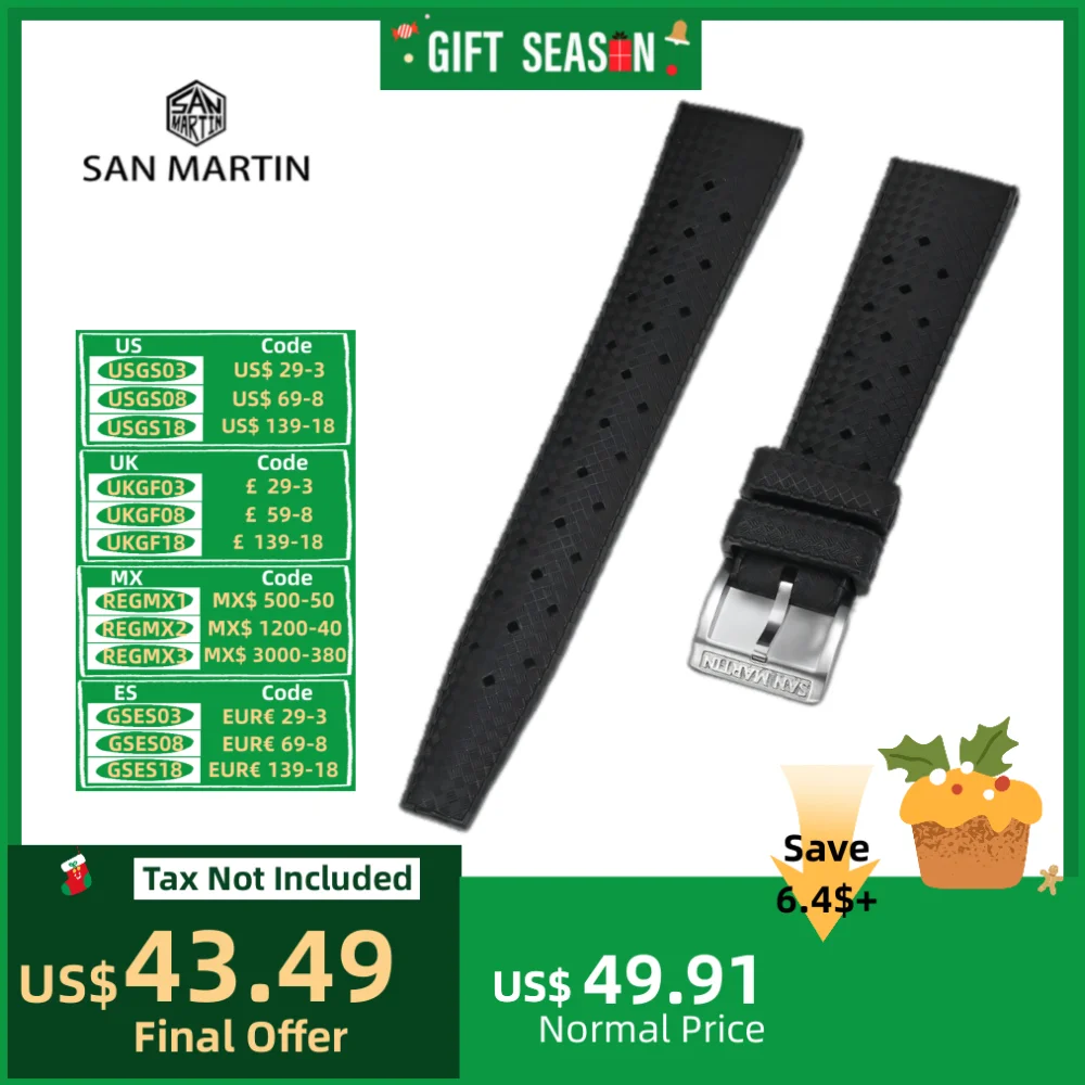 San Martin Premium FKM Rubber Watch Strap 20mm Tropical Style Band Dive Flat Interface Soft Flexible Tropic Correas Reloj SF0010