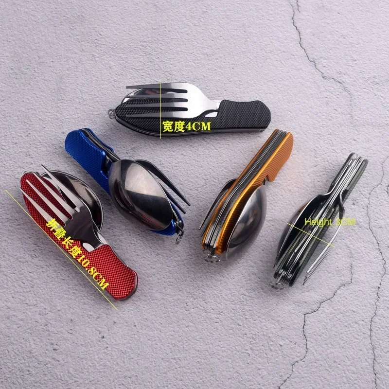 Tablespoon Set 4 In 1 Foldable Spoon Knife Fork Bottle Opener Stainless Steel Folding Pocket Kits Outdoor Tableware Set