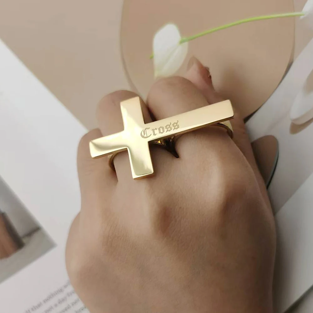 Custom Cross Ring Two Finger Ring Engraving Name Silver Stainless Steel Ring Men Knuckle Jewelry Personalized Gift for Boyfriend view 3