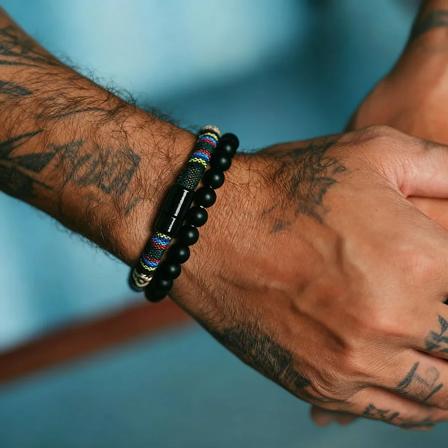 2Pcs/Set Ethnic Fabric Bracelet Men Apparel Accessories Magnetic Clasp Matte Stone Beaded Braslet Holiday Leisure Homme Jewelry