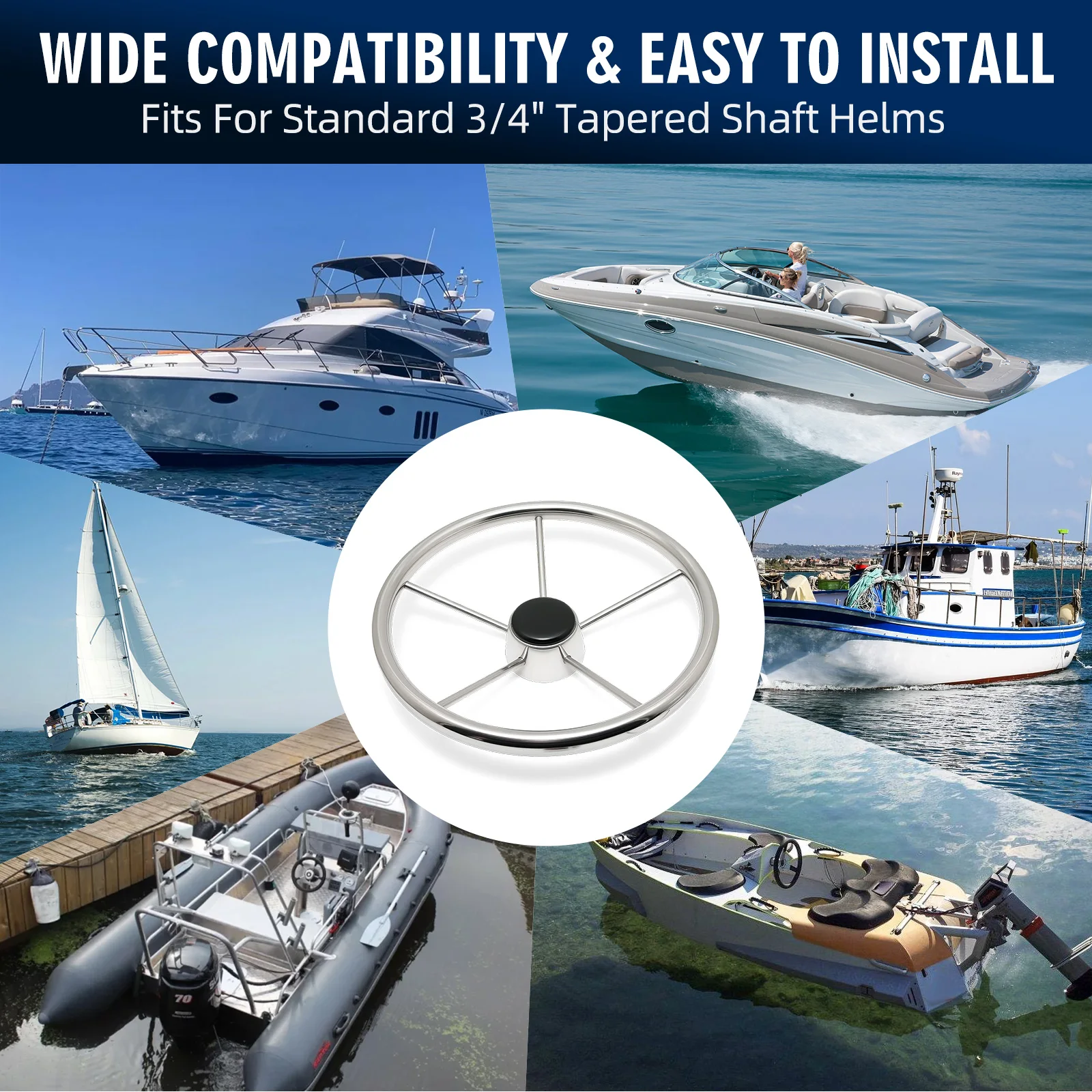 13 Inch Boat Steering Wheel 5 Spoke Destroyer For Maine Boat Stainless Steel Wheel Mirror Polished Steering Wheel Accessories