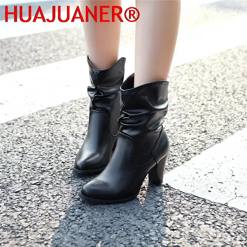 Vintage Mid-calf Boots For Women Shoes Block Heeled Short Boots Casual Women's Autumn Winter Boots Brown Gray Black Large size image 4