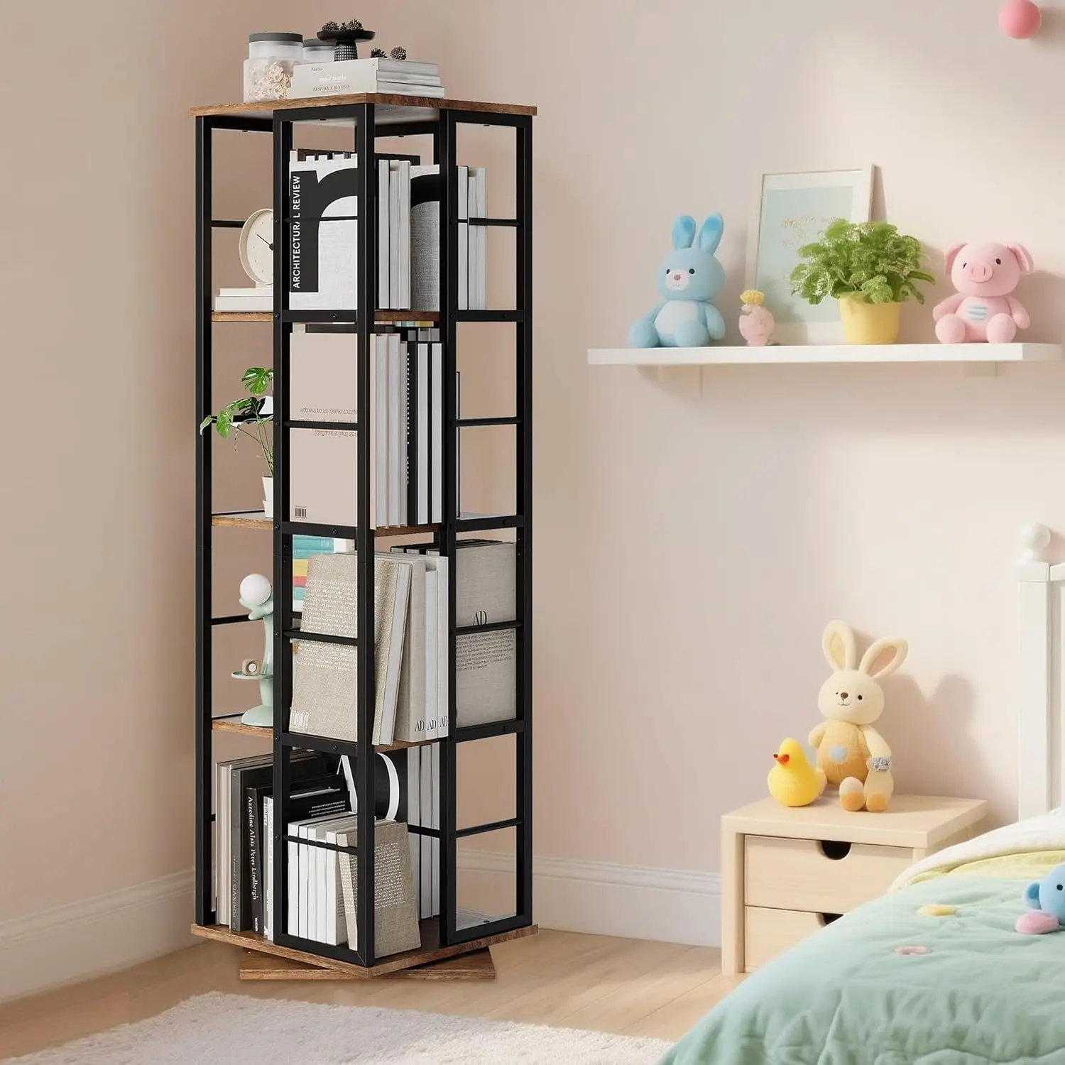 

Spinning Bookcase, 5-Shelf 360° Rotating Display Stand, Space-Saving Corner Storage Unit For Books & Decor, Black, Customized