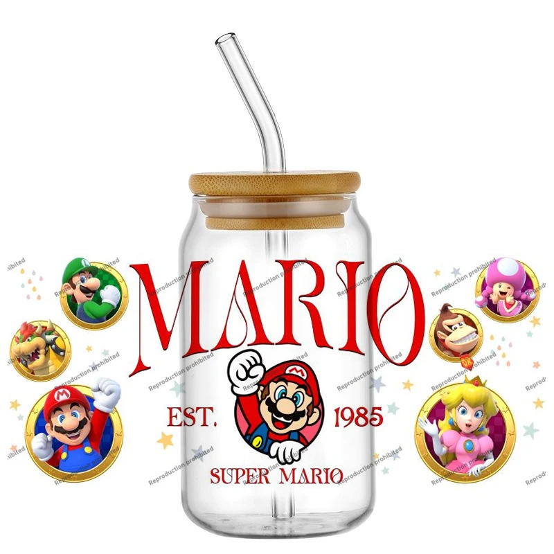

Mario Game Birthday Customized Gift UV DTF Cup Mug Wraps Car Sticker Mario DIY Deca For 16oz Libbey Glass Creative Cup Label