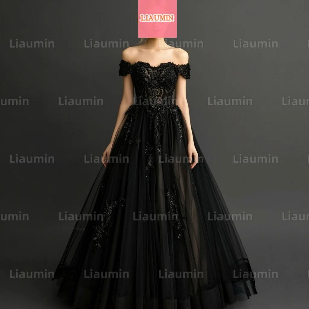 Custom Made Black Tulle With Black Lace Applique Off The Shoulder Evening Prom Dresses Bridal Gowns Full Length Formal W17-1.1