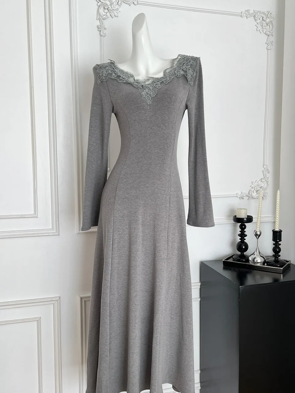 

Ele Embroidered Lace V-Ne Knitted Dr Women's Slimming A-Line Long Skirt Autumn Faion Gentle Wind Sle Pure Desire