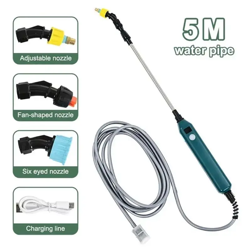 PZHI Electric Spray Gun Telescopic Wand for Watering Plants Fertilizing Lawn 2400mAh Battery 16.4ft Hose Adjustable Nozzle Green