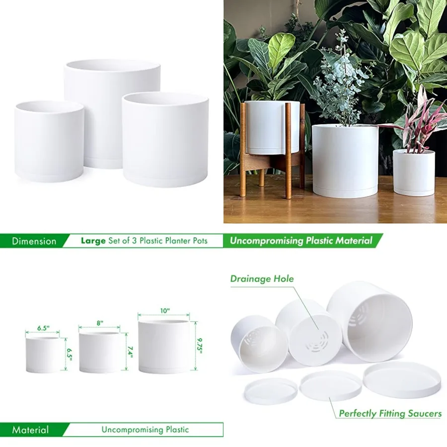 

6.5 Inch 8 Inch 10 Inch, Set of 3 Plastic Planter Pots for Plants with Drainage Hole and Seamless Saucers, White Color,,74-V-A-