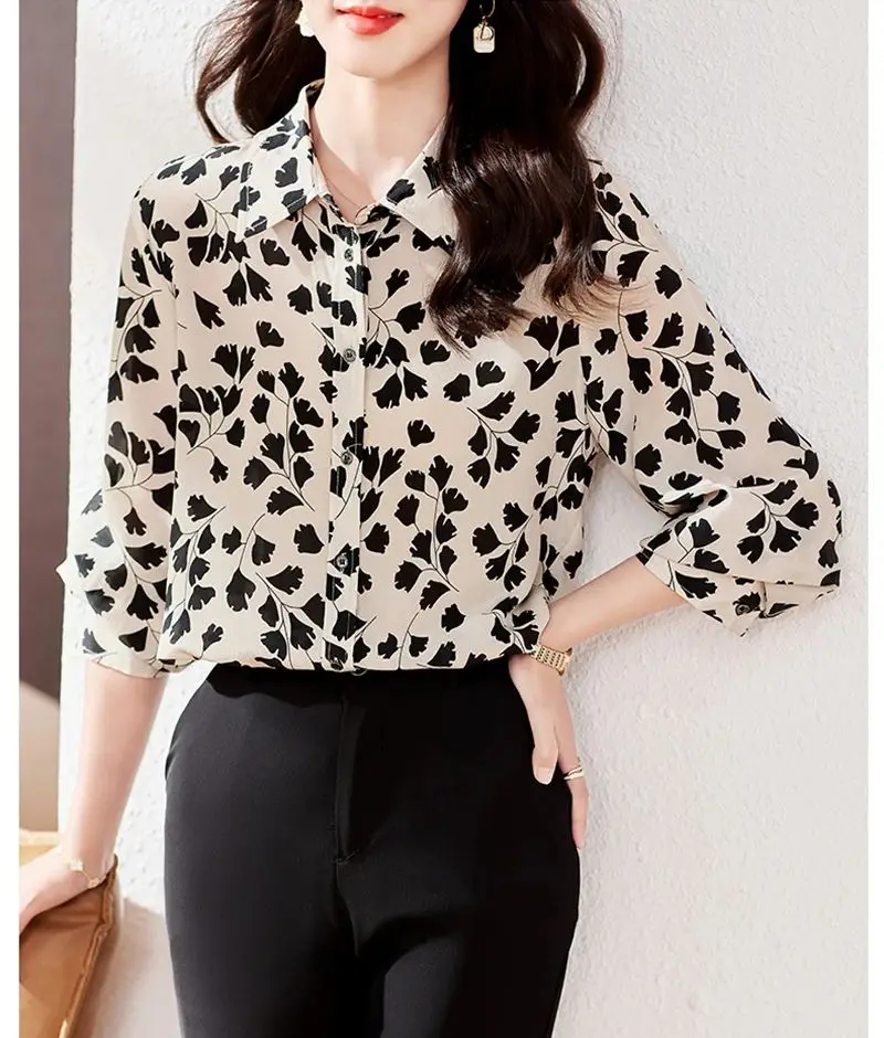 Anieces Vintage Print Dames Chiffon Shirts Elegante Lange Mouw Revers Single-Breasted Kantoor Dames Blouses Casual Tops Hemdjes