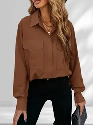 Plus Size 1Xl-5XL Women's Casual Blouse Women's Solid Button Up Long Sleeve Turn Down Collar Blouse With Pockets