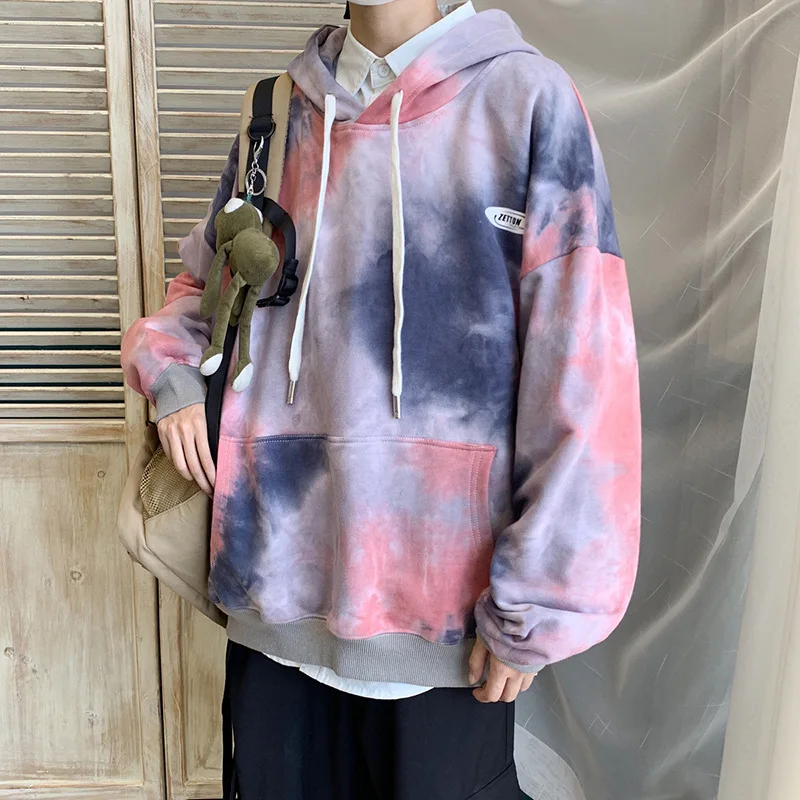 Prowow  New Tie-dye Hooded Men\'s Casual Hong Kong Style Autumn Tops Hip-hop Loose Trend Wild Couples Hooded Sweater