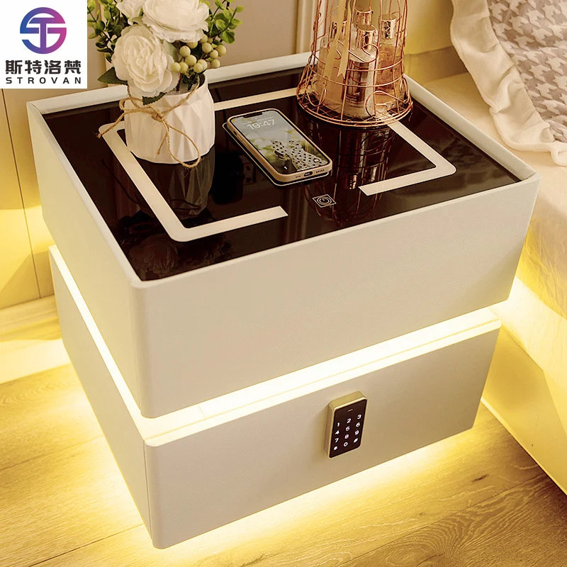 

Bedroom Furniture Modern Bedside Table Night Stand with Lock Charger Glass Smart Night Stand Side Table with Wireless Charging