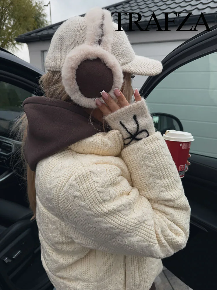 TRAFZA Cappotto spesso lavorato a maglia invernale da donna Colletto alla coreana Manica lunga Giacca corta ampia Moda femminile Tasca con cerniera Abiti in cotone