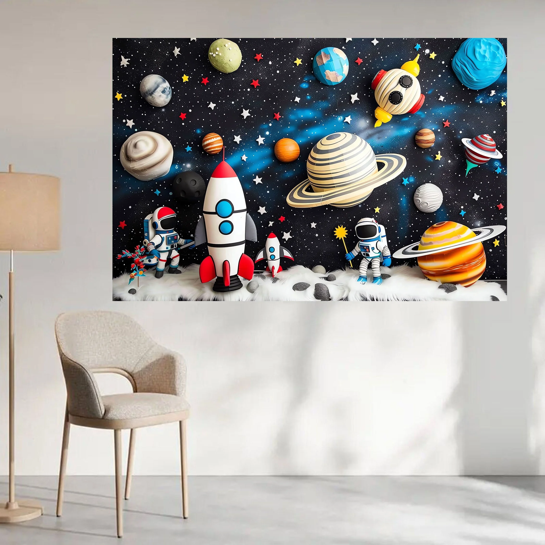 Space themed party backdrops,cartoon rocket and planetary designs,multi-purpose photography banners for birthdays