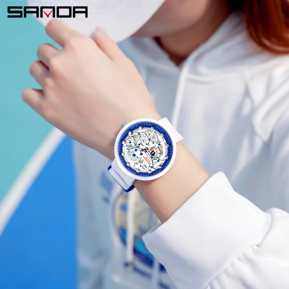 SANDA Brand 3215 Cool Fashion Quartz Wristwatch Waterproof Round Dial Silicone Strap Fluorescence Design Neutral Watch