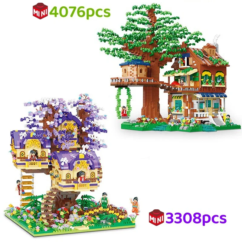 Micro ladrillos creativos, casa del árbol de flor de cerezo, bloques de construcción, modelo ensamblado, vista a la calle, Kit MOC, regalo de Navidad para niños y niñas 3+