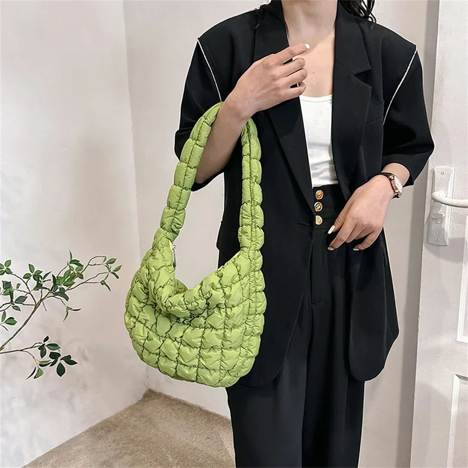 

2024 New Quilted Plaid Shoulder Bags for Women Candy Color Nylon Plus Cotton Totes Fashion Designer Lady Shopper Handbag Trend