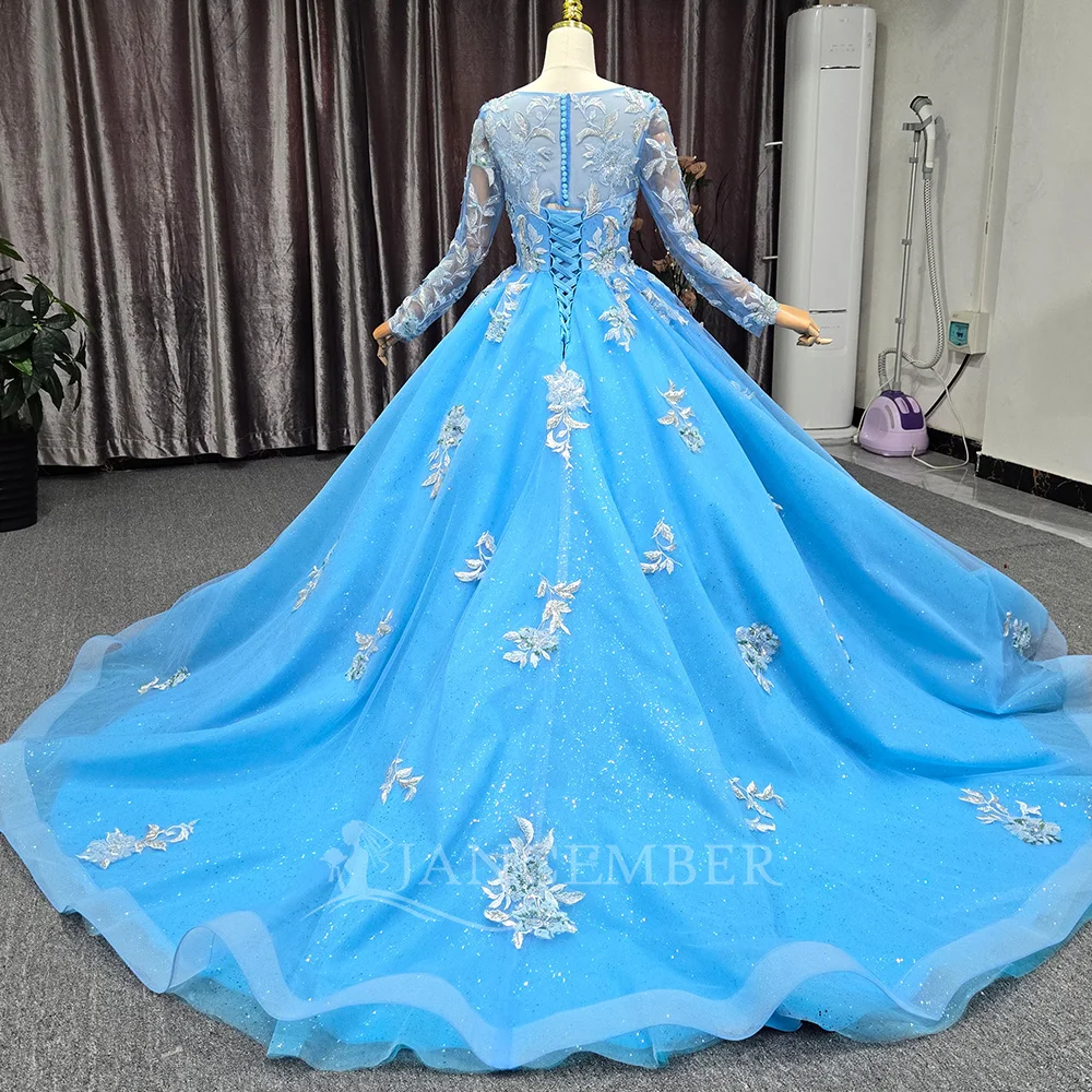 فستان الأميرة Quinceanera الأزرق زهرة طويلة الأكمام بلورات الخرز vestidos de 15 quinceañera فستان حفلة عيد ميلاد مخصص