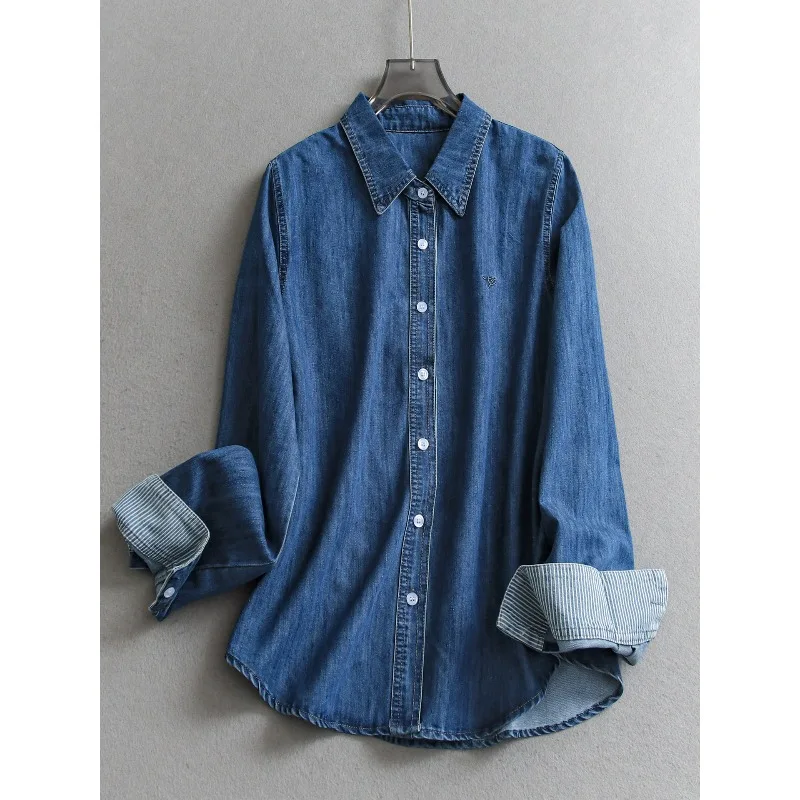 

Джинсовая рубашка SuperAen с длинными рукавами, полосатыми манжетами, вышивкой на лацканах, свободного кроя, новинка весны 2026