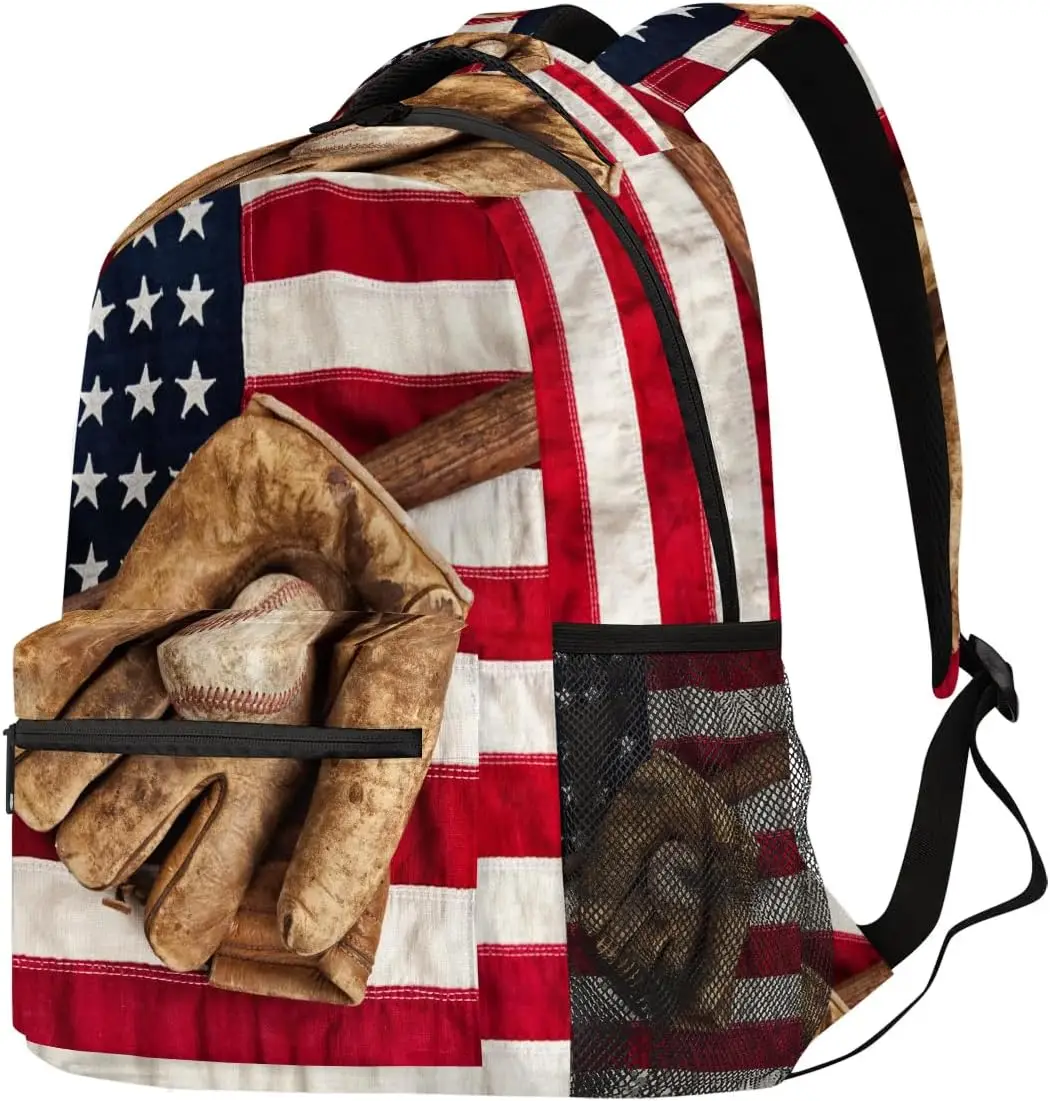 

Vintage Baseball Bat Kid Teens Backpack，American Flag 18'' Middle School College Bookbag with Laptop Compartmen