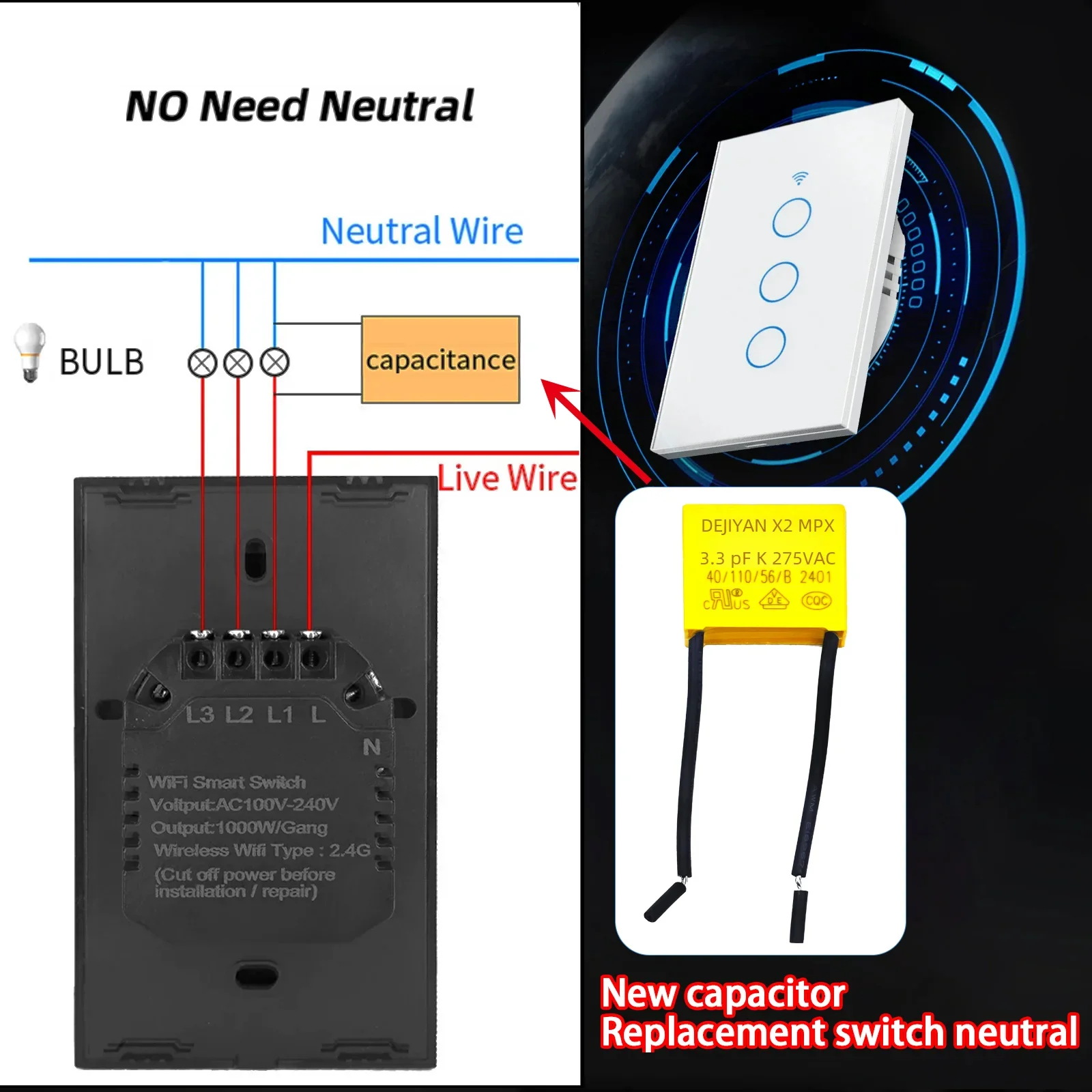 Safety Capacitor with Anti-Light Flash, Suitable for Smart Touch without Neutral Electric Fans, Switches, etc. 3.3UF, 275VA