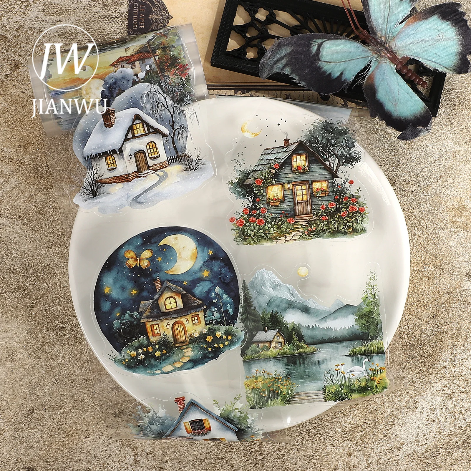 JIANWU 80mm*200cm Vintage Plant Flower House Landscape Material Collage Scrapbooking PET Tape Creative DIY Journal Stationery