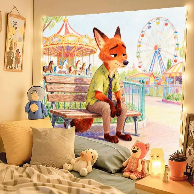 디즈니 주토피아 닉 와일드 폭스 만화 감성 태피스트리 모던 폴리에스터 벽 장식 거실 침실 기숙사 장식 선물 1개
