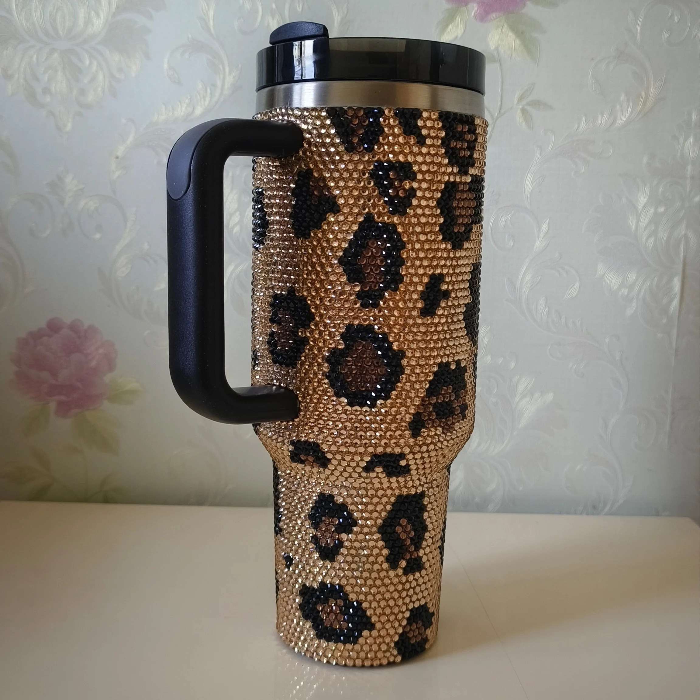 Rhinestone Brown Leopard Print Tumbler Customizable Handcraft 40OZ Water Bottle Stainless Steel Thermal Vaccum Mosaic Coffee Mug