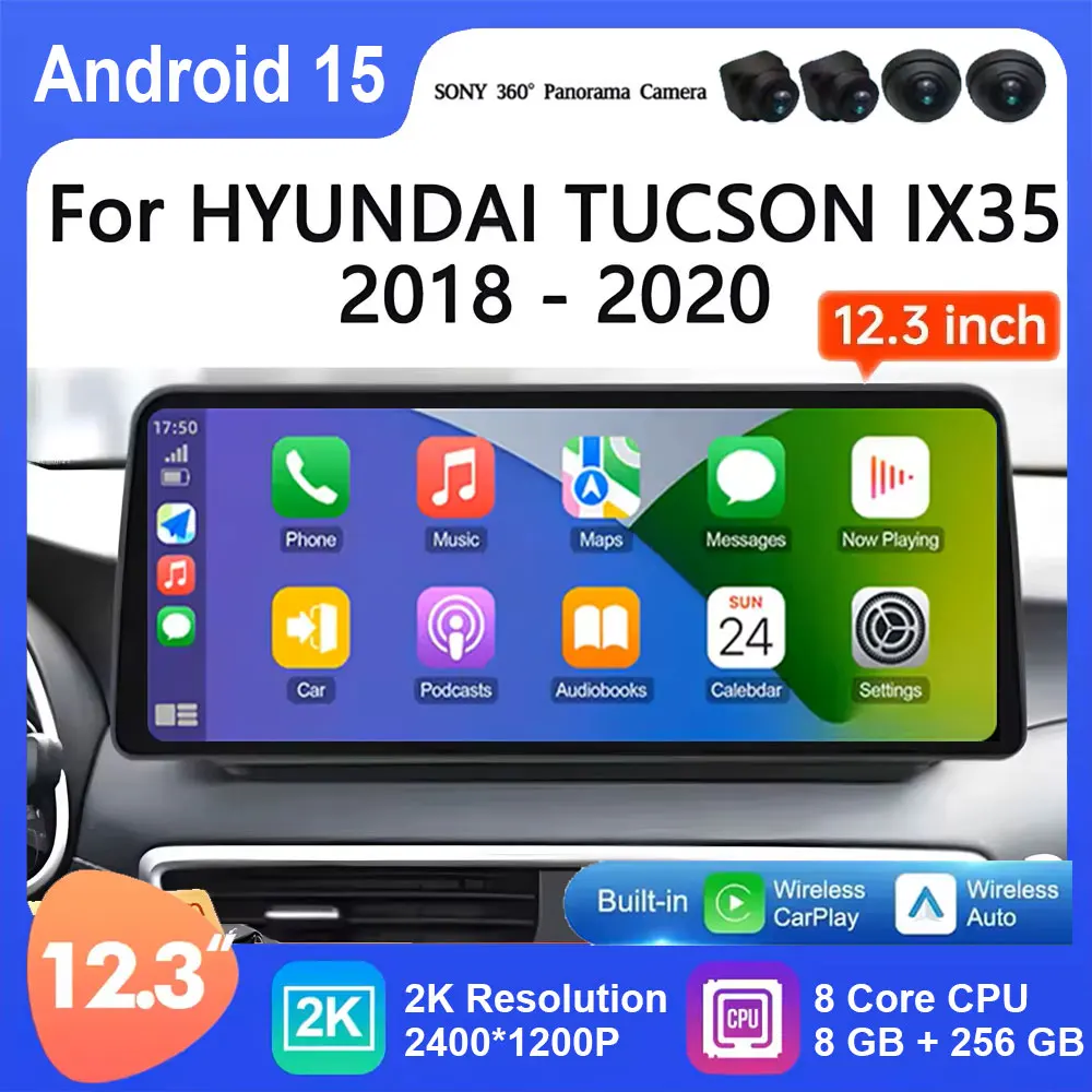 

12,3-дюймовый для Hyundai TUCSON IX35 2018 2019 2020 Android 15, автомобильный мультимедийный радиоприемник, видео-аудиоплеер, стереонавигация, Carplay