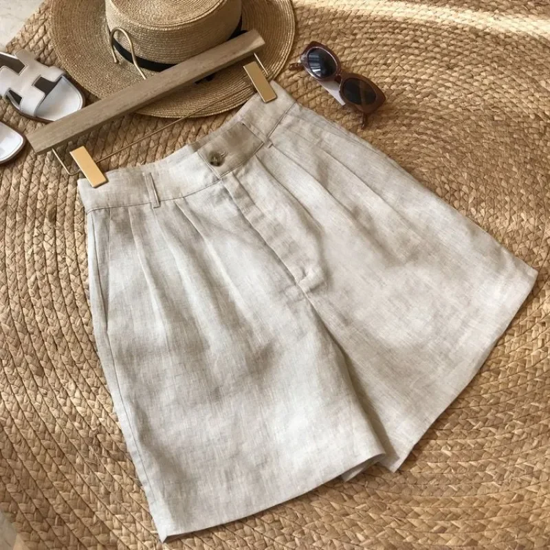 Korean Office Lady Summer Women's Solid Color Linen Zipper Pockets Fashion Casual Loose High Waist A-line Wide Leg Shorts A742