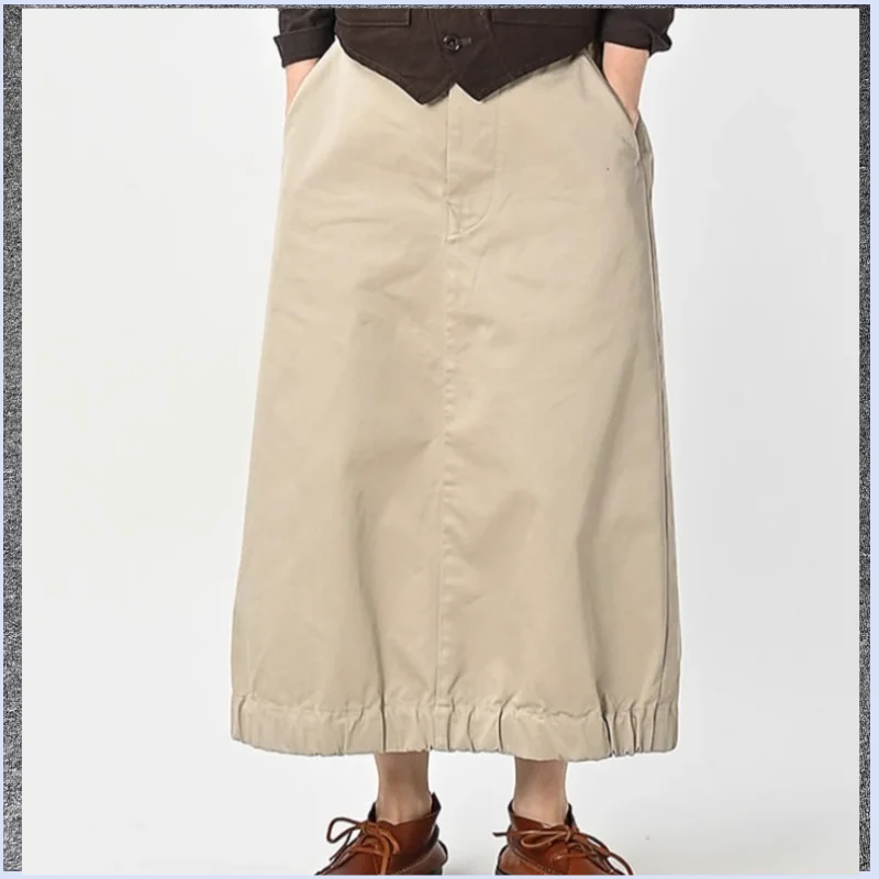 26 year early autumn new twill cotton multi pocket drawstring elastic waist buckle mid length split skirt