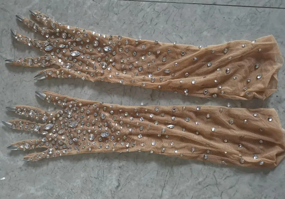 الفاخرة البريق قفازات طويلة الراين بذلة المرأة مثير نادي حفلة عيد ميلاد أداء سحب الملكة الملابس دنة Yuyuan #6