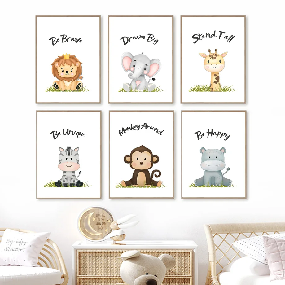 

Lion Elephant Giraffe Zebra Monkey Hippo Nursery Wall Art Print Canvas Painting Nordic Poster Wall Pictures Baby Kids Room Decor