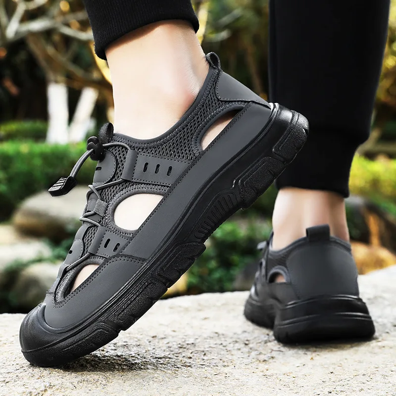 Men's Summer Breathable Quick Dry Hollow Out Lightweight Casual Sandals Outdoor Water Shoes Anti-Slip Thick Sole Low Cut Slip-On