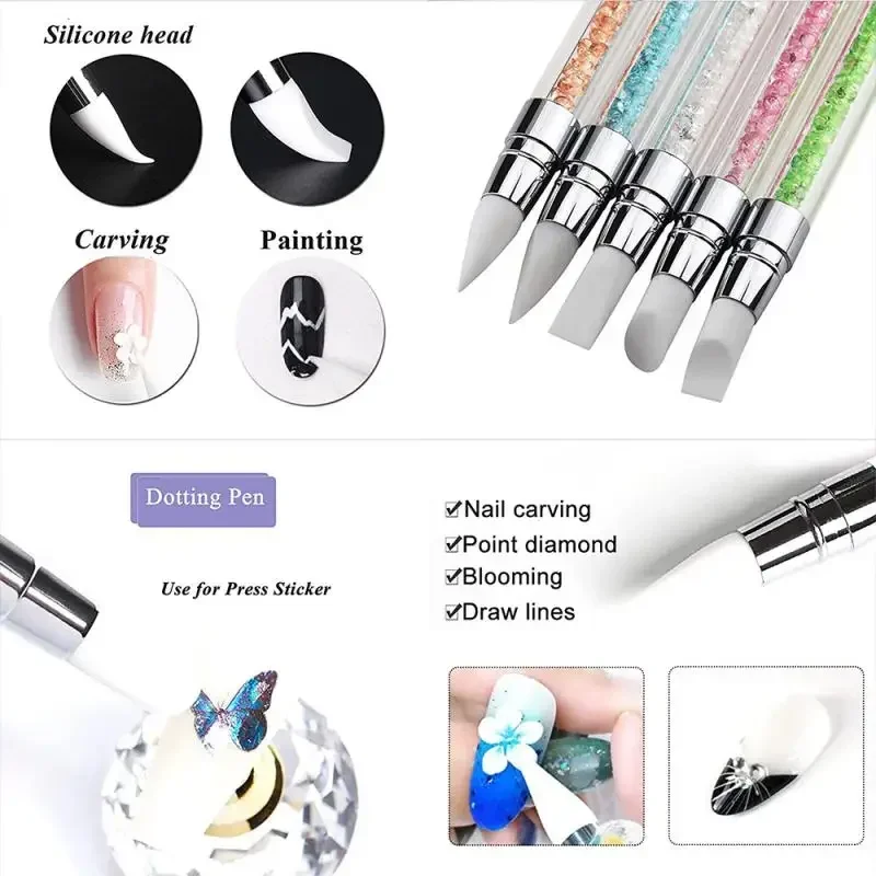 Double Head Nail Art Silicone Sculpture Pen 3D Carving Emboss Glitter Powder Manicure Shaping Silicone Brushes Nail Art Tool