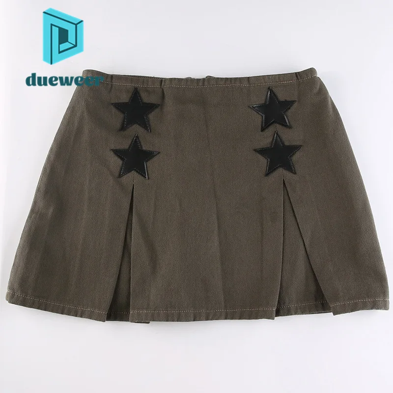 

DUEWEER Vintage Star Print Slit A Line Pleated Denim Skirt Women's 2022 Summer Mini Cargo Short Skirts Korean Fashion Streetwear