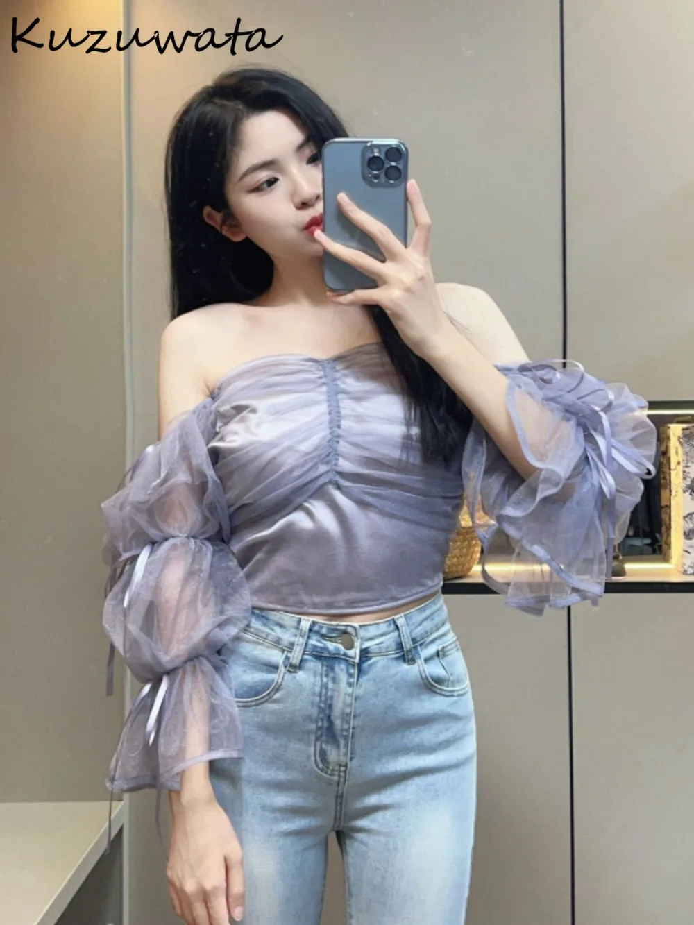 Kuzuwata New Sweet Slash Neck Puff Sleeve Fresh Blusas Off Shoulder Voile Lace Up Drawstring Shirt Japan Bow Two Pronged Blouses