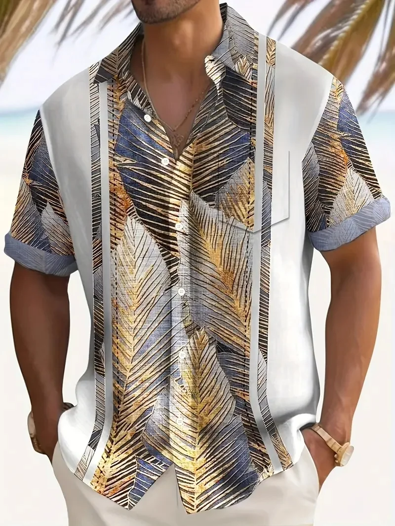 Men\'s large size Hawaiian lapel shirt with fashionable leaf pattern print, suitable for summer leisure beach, pool and resort