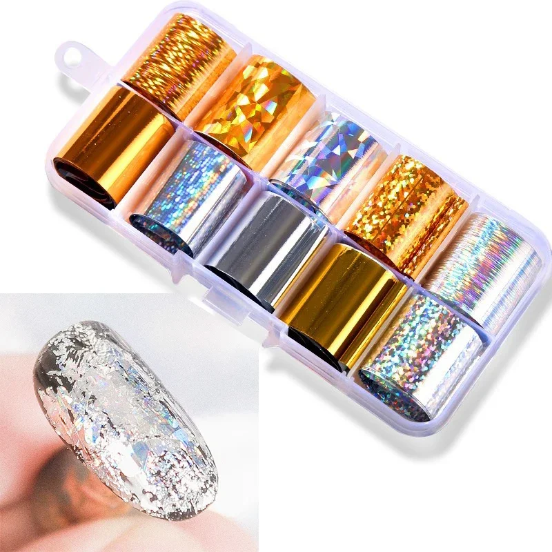 Juego de láminas holográficas para uñas, pegatinas de transferencia doradas y plateadas, manicura láser DIY, calcomanías de cielo estrellado, 1 caja, 2,5*60cm