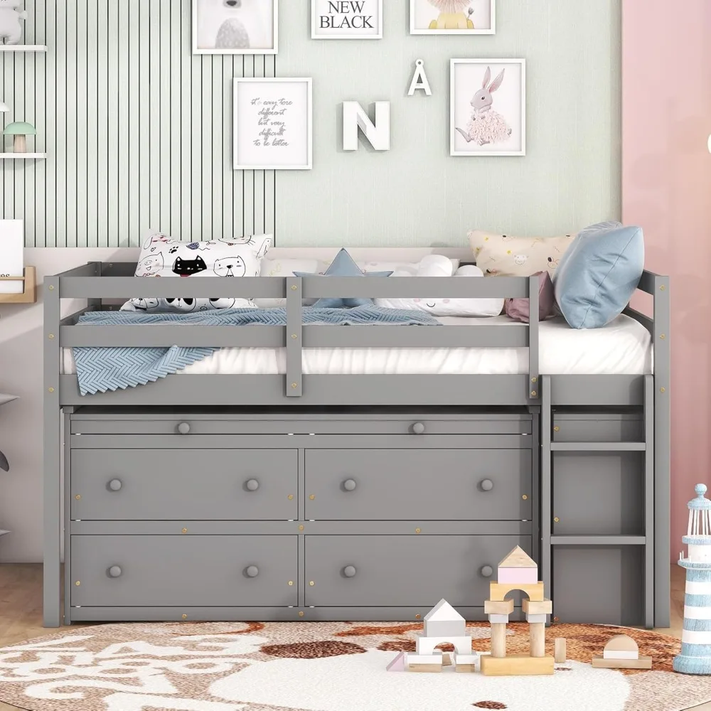 Kids Full Low Loft Bed with Storage, Full Size Loft Bed with Portable Desk and 4 Drawers, Wood Full Loft Bed with Shelves, Moder