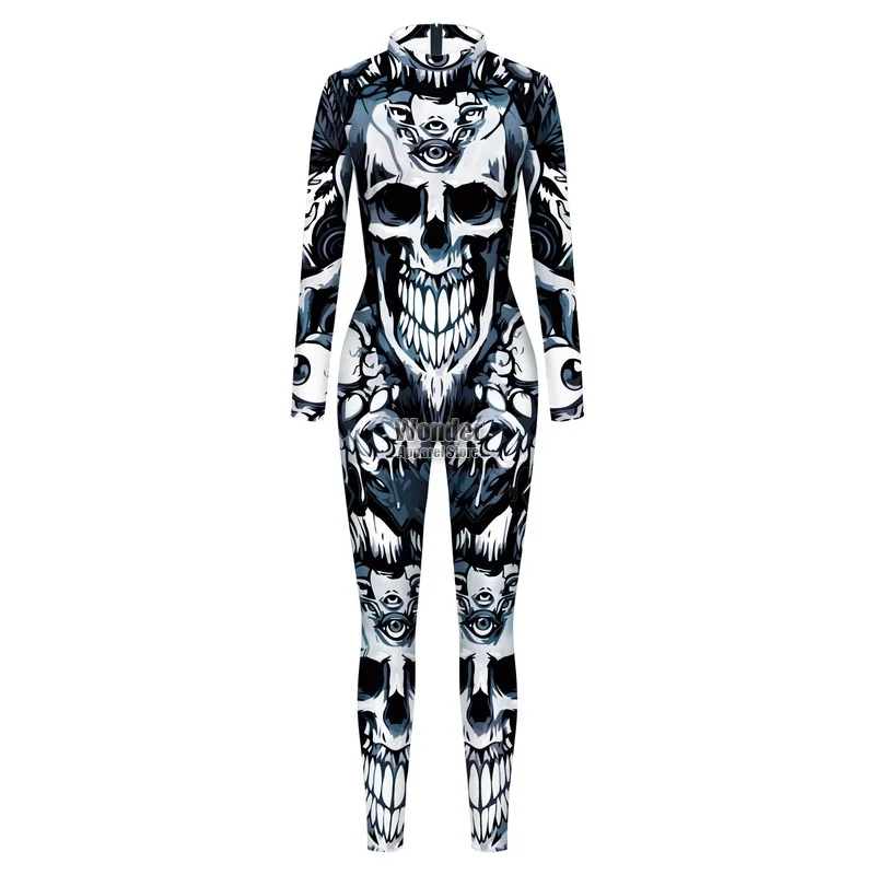 Women Men Ghost Skull Body Skeleton 3D Printing Jumpsuit Adult Halloween Cosplay Costumes Party Role Playing Dress Up Outfit