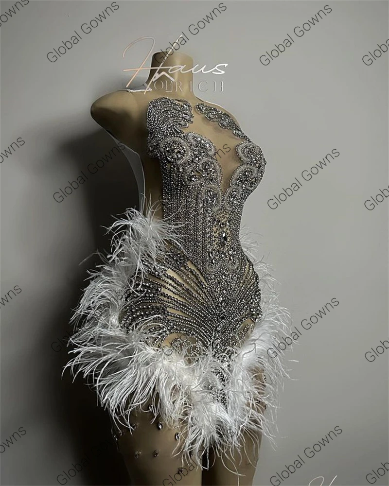 Luxury Silver Diamonds Short Prom Dresses Black Girls Sparkly Beads Rhinestone Crystal Feathers Birthday Cocktail Customized