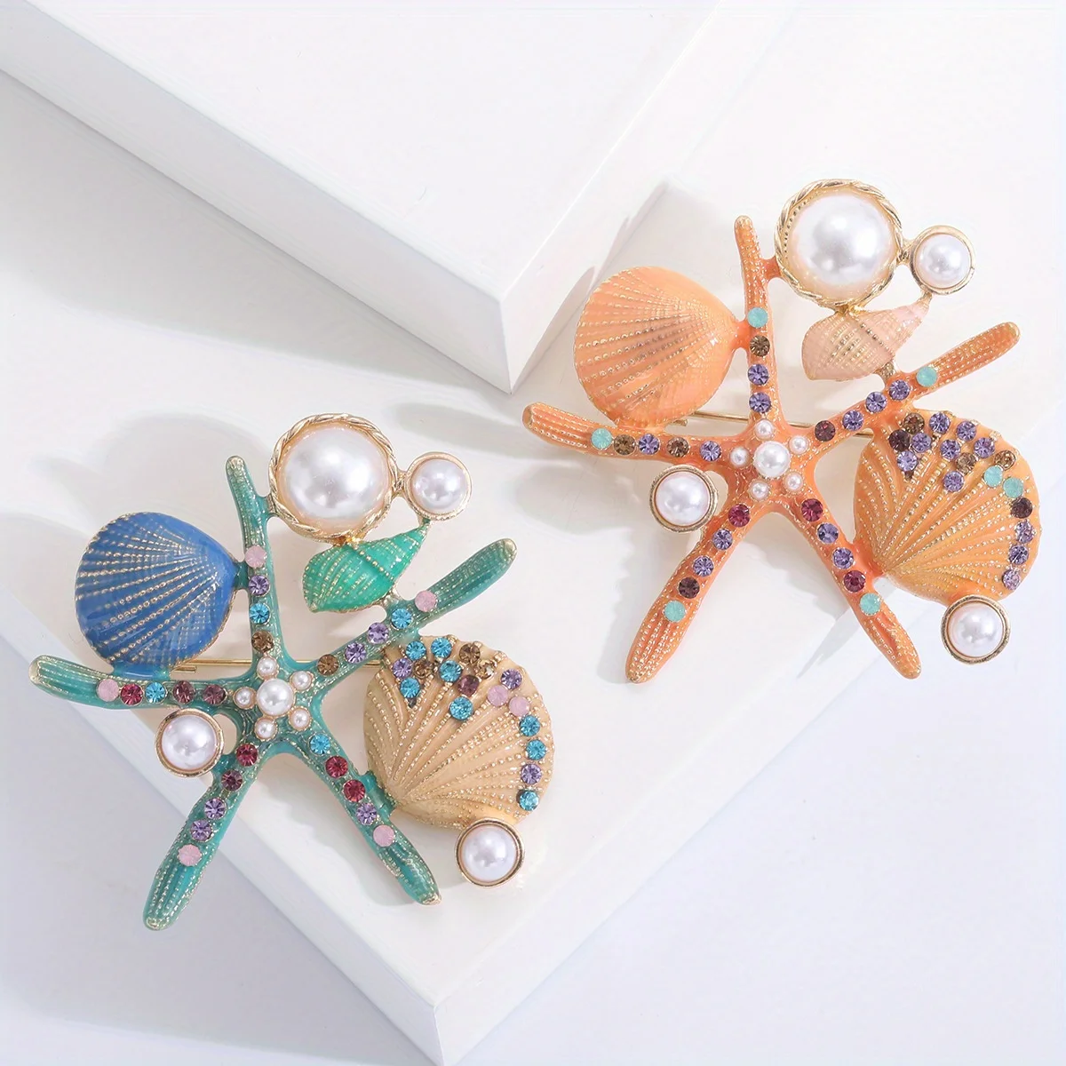 1pc Fashion Creative Enamel Starfish Scallop Brooch, Cute Cartoon Marine Life Brooch, Clothing Accessories For Men
