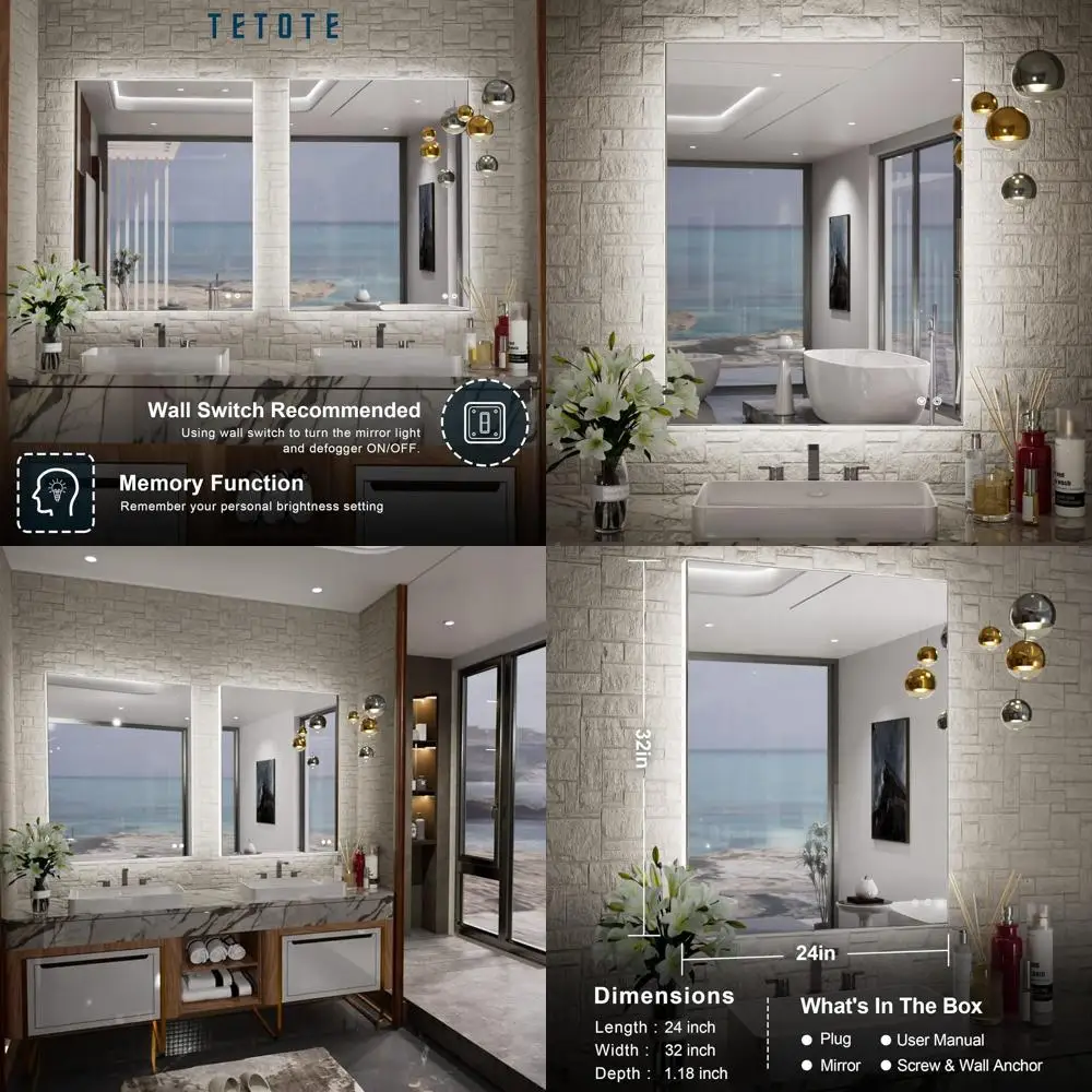 

Косметическое зеркало 24x32 со светодиодной подсветкой, противотуманное, с регулируемой яркостью, CRI90+, сенсорное управление, водонепроницаемое, настенное крепление с подсветкой