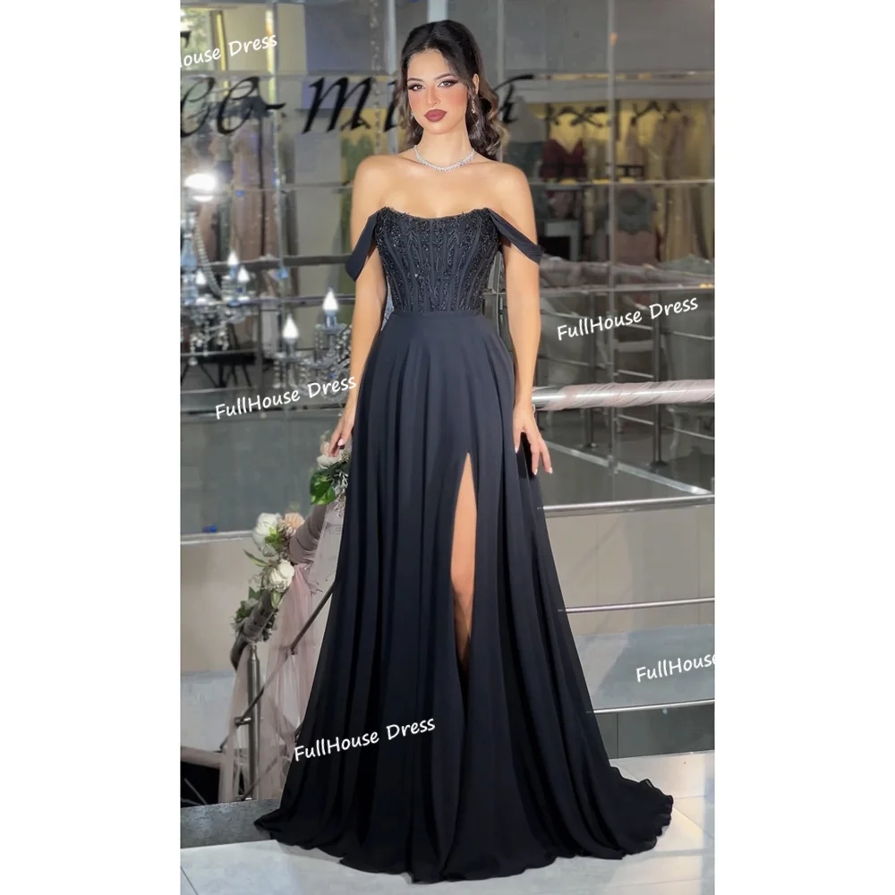 

Custom Made Chic Off Shoulder Chiffon A-line Side Split Evening Dress Lace up Back Long Train Party Dress with Sequins Lace