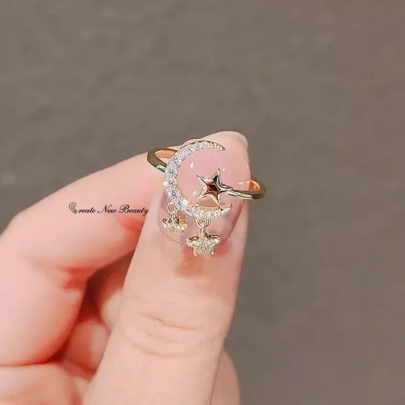 Star Moon Rings Silver Color Zircon Minimalist Fashion Shiny Diamond Opening Adjustable Finger Korean Light Luxury Jewelry