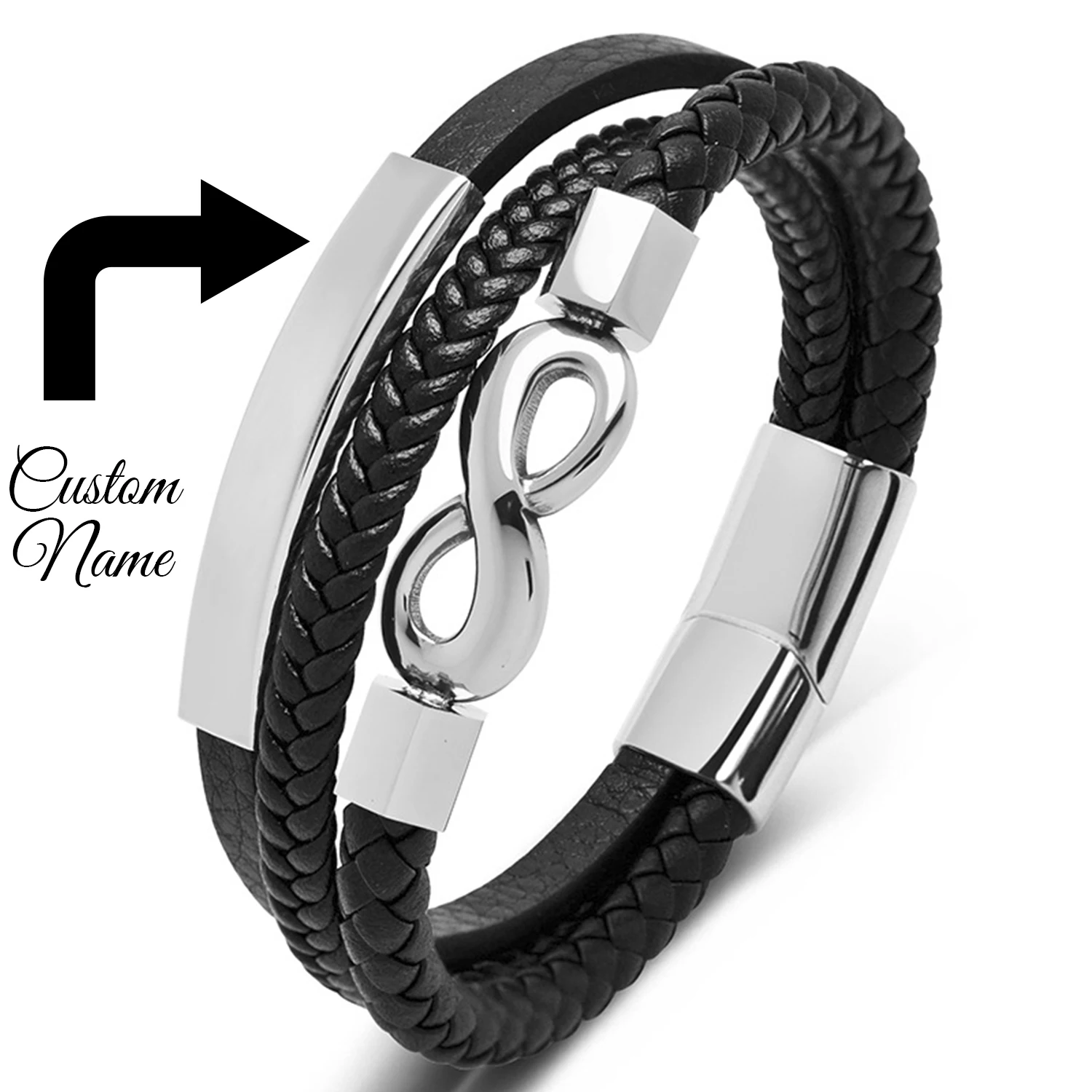 

Роскошные персонализированные мужские плетеные кожаные браслеты с гравировкой имени, высококачественные браслеты для пар из нержавеющей стали с гравировкой на заказ
