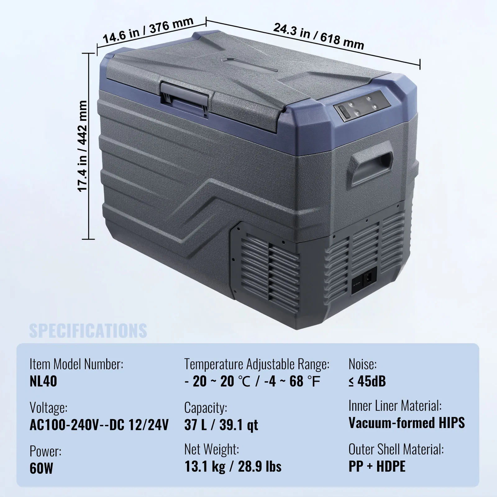 SucceBuy 30/37/45L Auto Koelkast Enkele Zone Draagbare Vriezer & Ingebouwde Licht Compressor Koeler voor Outdoor Camping RV